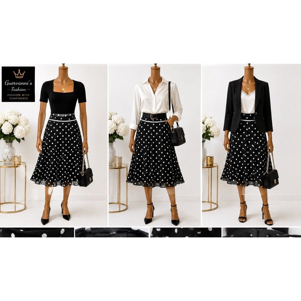 Michele Women's Skirt 12 Black White Polka Dot Short Built in short line Dressy
